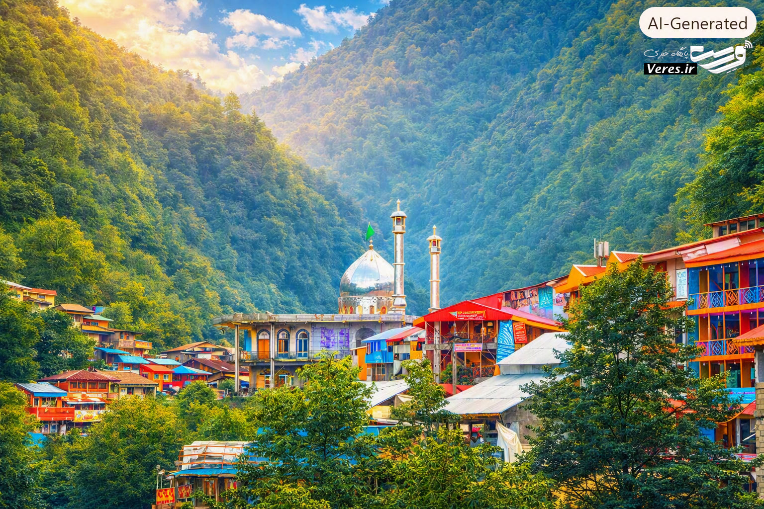 نمایی از روستای امامزاده ابراهیم شفت با گنبد نقره‌ای و خانه‌های رنگارنگ در میان جنگل‌های هیرکانی